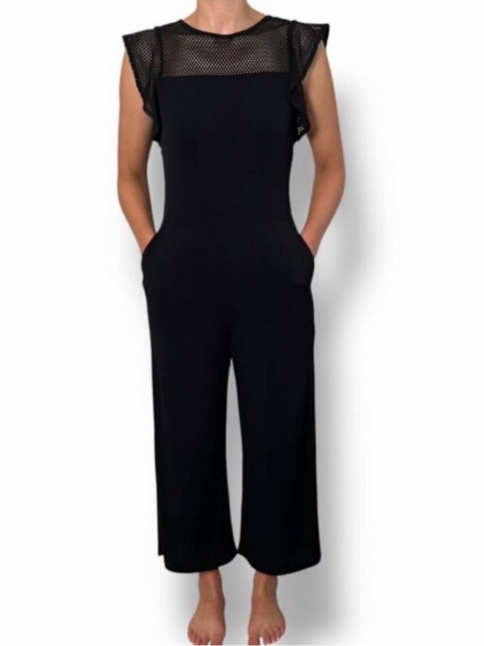 Michael Kors Black Mesh-Yoke Wide Leg Jumpsuit